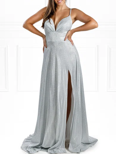 A-line V-neck Glitter Prom Dresses With Split #UKM020118555