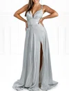 A-line V-neck Glitter Sweep Train Prom Dresses With Ruffles #UKM020118555