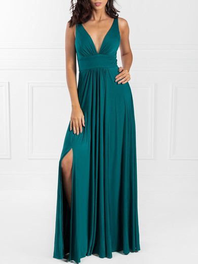 A-line V-neck Jersey Floor-length Prom Dresses With Ruffles #UKM020118557