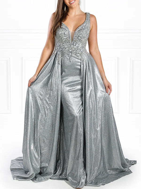 Sheath/Column V-neck Glitter Watteau Train Prom Dresses With Beading #UKM020118562