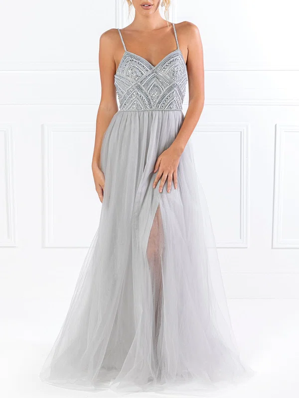 Ball Gown/Princess V-neck Tulle Floor-length Prom Dresses With Beading #UKM020118572
