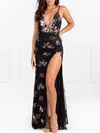 Sheath/Column V-neck Lace Floor-length Prom Dresses With Split Front #UKM020118575
