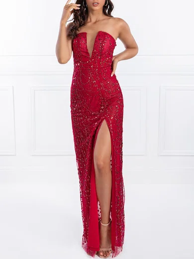 Sheath/Column V-neck Sequined Floor-length Prom Dresses With Split Front #UKM020118577