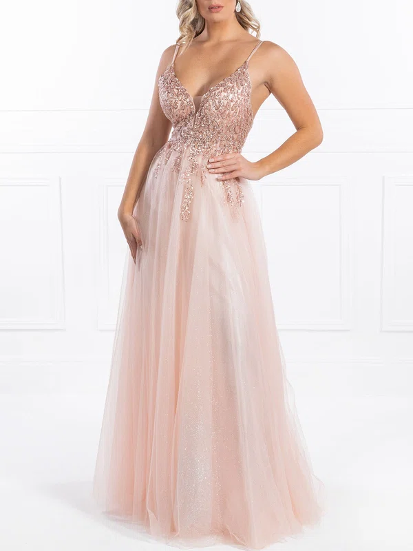 Ball Gown/Princess V-neck Tulle Glitter Floor-length Prom Dresses With Beading #UKM020118584
