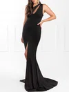 Trumpet/Mermaid One Shoulder Jersey Sweep Train Prom Dresses With Split Front #UKM020118599