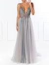 Ball Gown/Princess V-neck Tulle Floor-length Prom Dresses With Beading #UKM020118600
