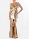 Sheath/Column Off-the-shoulder Sequined Floor-length Prom Dresses With Split Front #UKM020118609