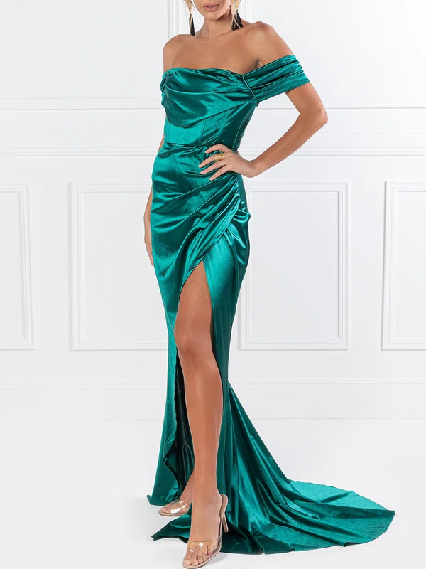 Trumpet/Mermaid Off-the-shoulder Silk-like Satin Sweep Train Prom Dresses With Ruffles #UKM020118613