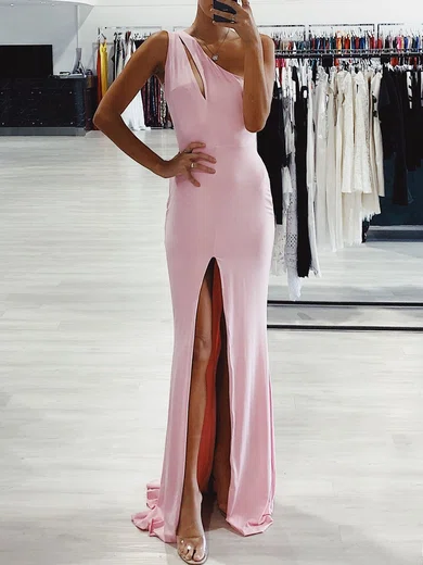 Sheath/Column One Shoulder Jersey Floor-length Prom Dresses With Split Front #UKM020118619