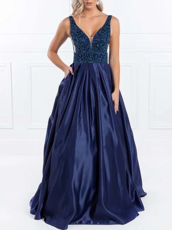 Ball Gown/Princess V-neck Satin Sweep Train Prom Dresses With Beading #UKM020118627