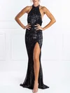 Sheath/Column Halter Sequined Sweep Train Prom Dresses With Split Front #UKM020118630