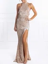 Sheath/Column Halter Sequined Sweep Train Prom Dresses With Split Front #UKM020118631