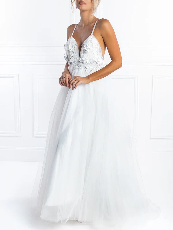Ball Gown/Princess V-neck Tulle Floor-length Prom Dresses With Flower(s) #UKM020118633
