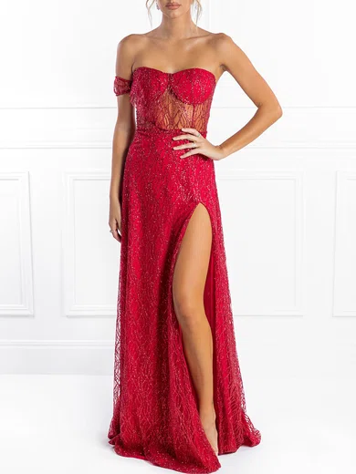 A-line One Shoulder Floor-length Glitter Prom Dresses With Split #UKM020118635