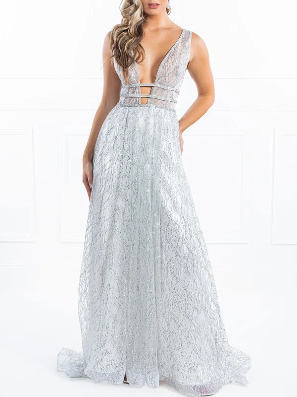 Ball Gown/Princess V-neck Glitter Sweep Train Prom Dresses With Beading #UKM020118648