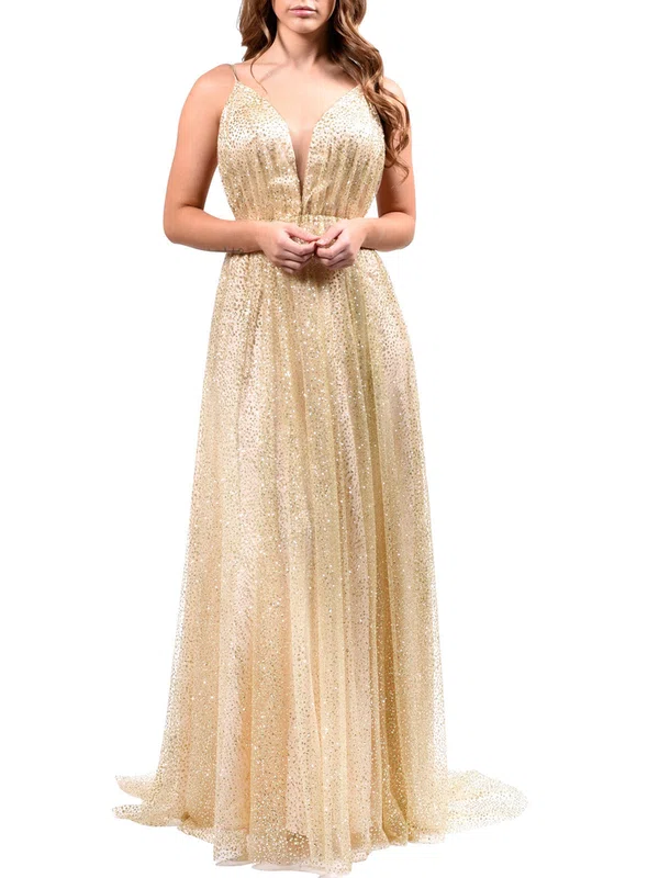 A-line V-neck Glitter Sweep Train Prom Dresses With Ruffles #UKM020118649