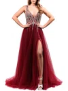 Ball Gown/Princess V-neck Tulle Sweep Train Prom Dresses With Beading #UKM020118652