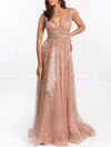 Ball Gown/Princess V-neck Glitter Sweep Train Prom Dresses With Beading #UKM020118653