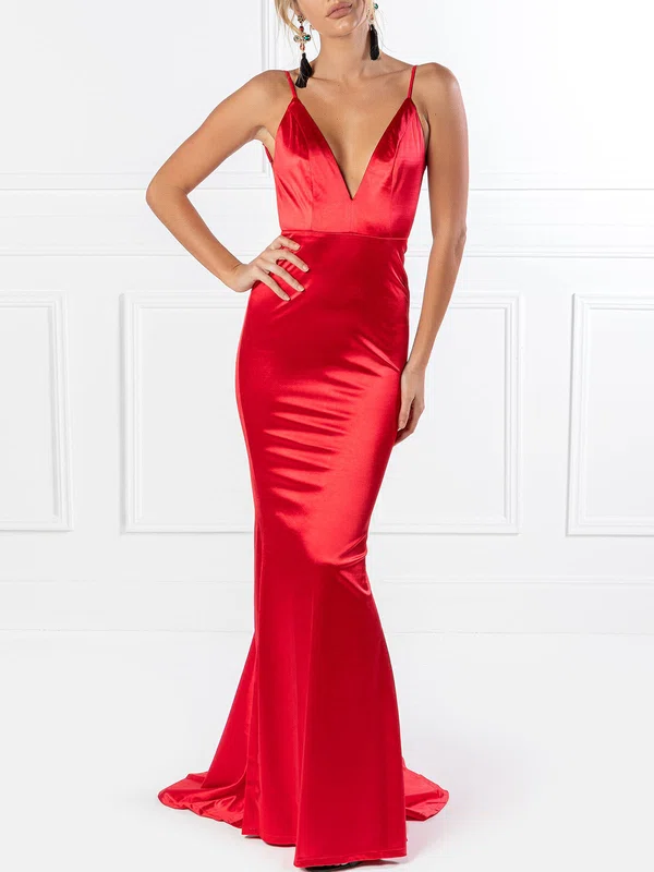 Trumpet/Mermaid V-neck Silk-like Satin Sweep Train Prom Dresses With Ruched #UKM020118662