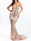 Trumpet/Mermaid V-neck Sequined Sweep Train Prom Dresses #UKM020118665