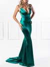 Trumpet/Mermaid V-neck Silk-like Satin Sweep Train Prom Dresses With Ruched #UKM020118671