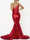 Trumpet/Mermaid V-neck Silk-like Satin Sweep Train Prom Dresses With Appliques Lace #UKM020118678