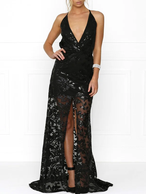 A-line V-neck Sequined Sweep Train Prom Dresses With Split Front #UKM020118681
