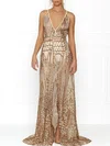 A-line V-neck Sequined Sweep Train Prom Dresses With Split Front #UKM020118682