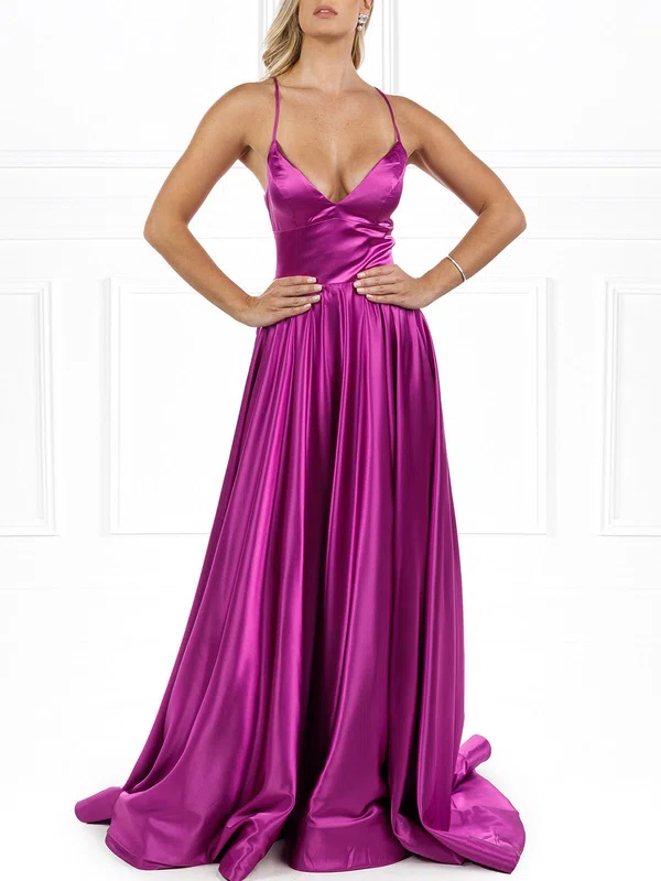 A-line V-neck Silk-like Satin Sweep Train Prom Dresses #UKM020118685