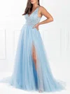 Ball Gown/Princess V-neck Tulle Sweep Train Prom Dresses With Sequins #UKM020118686