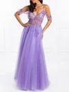 Ball Gown/Princess V-neck Tulle Floor-length Prom Dresses With Sequins #UKM020118689