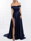Ball Gown/Princess Off-the-shoulder Satin Sweep Train Prom Dresses With Split Front #UKM020118690