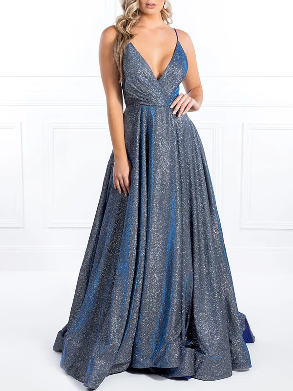 Ball Gown/Princess V-neck Glitter Sweep Train Prom Dresses With Pockets #UKM020118691