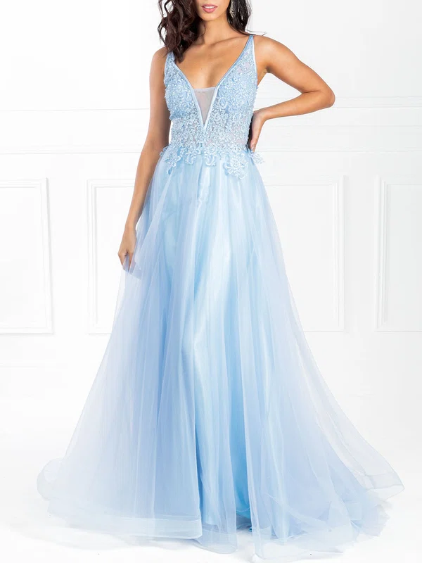 Ball Gown/Princess V-neck Tulle Floor-length Prom Dresses With Appliques Lace #UKM020118692