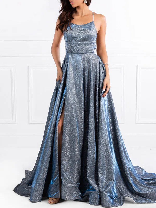 Ball Gown/Princess Scoop Neck Glitter Sweep Train Prom Dresses With Split Front #UKM020118693