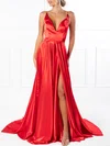 A-line V-neck Silk-like Satin Sweep Train Prom Dresses With Split Front #UKM020118694