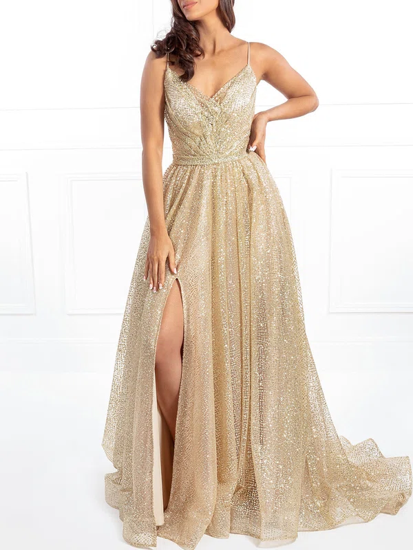 Ball Gown/Princess V-neck Glitter Sweep Train Prom Dresses With Ruffles #UKM020118695