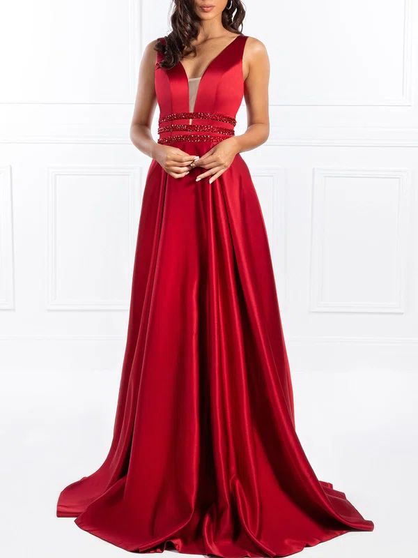 Ball Gown/Princess V-neck Satin Floor-length Prom Dresses With Beading #UKM020118696