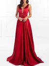 Ball Gown/Princess V-neck Satin Floor-length Prom Dresses With Beading #UKM020118696