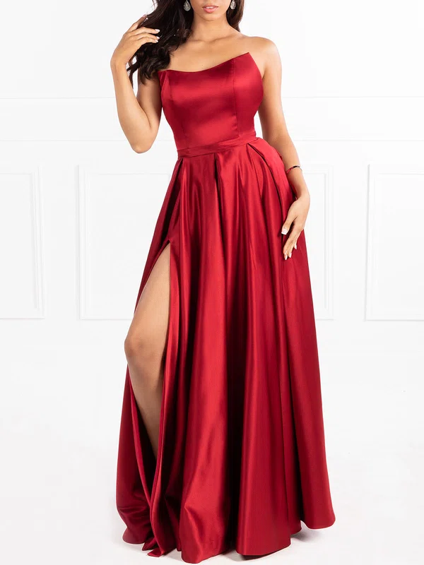 Ball Gown/Princess Straight Satin Sweep Train Prom Dresses With Split Front #UKM020118698