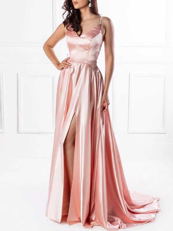 Ball Gown/Princess V-neck Silk-like Satin Sweep Train Prom Dresses With Split Front #UKM020118701