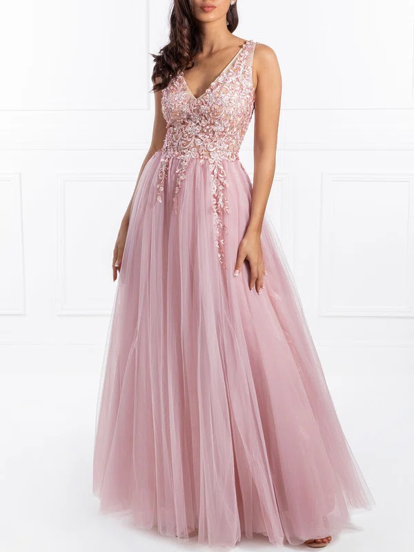 Ball Gown/Princess V-neck Tulle Floor-length Prom Dresses With Beading #UKM020118703