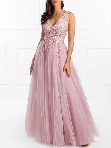 Ball Gown/Princess V-neck Tulle Floor-length Prom Dresses With Beading #UKM020118703