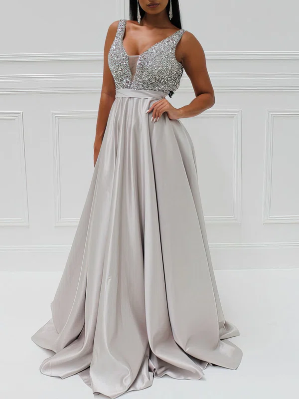 Ball Gown/Princess V-neck Satin Sweep Train Prom Dresses With Beading #UKM020118706