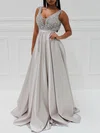 Ball Gown/Princess V-neck Satin Sweep Train Prom Dresses With Beading #UKM020118706