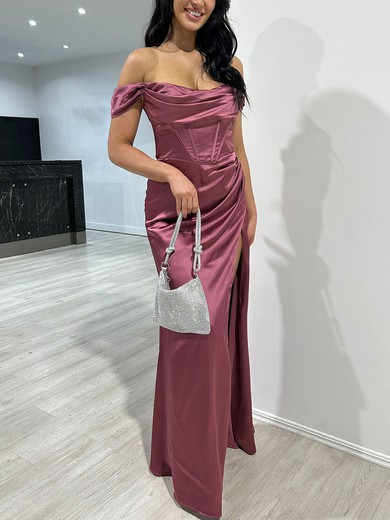 Sheath/Column Off-the-shoulder Silk-like Satin Floor-length Prom Dresses With Ruched #UKM020117772