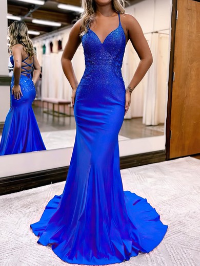 Trumpet/Mermaid V-neck Jersey Sweep Train Prom Dresses With Crystal Detailing #UKM020119673