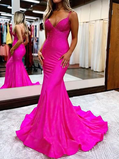 Trumpet/Mermaid V-neck Jersey Sweep Train Prom Dresses With Crystal Detailing #UKM020119676