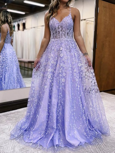 Ball Gown/Princess V-neck Glitter Floor-length Prom Dresses With Appliques Lace #UKM020119678