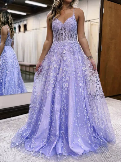 Ball Gown V-neck Tulle Prom Dresses With Appliques #UKM020119678